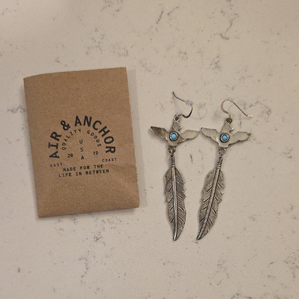 Air & Anchor Turquoise Thunderbird & Feather Silver Earrings